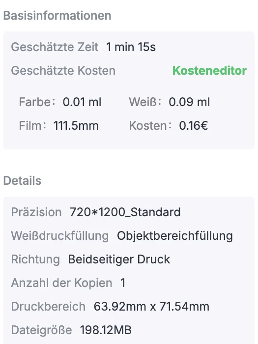 Screenshot des xTool Kosteneditors für ein einzelnes Katzen-Motiv: geschätzte Zeit 1 Minute 15 Sekunden, Farbe 0,01 ml, Weiß 0,09 ml, Film 111,5 mm, Kosten 0,16 Euro