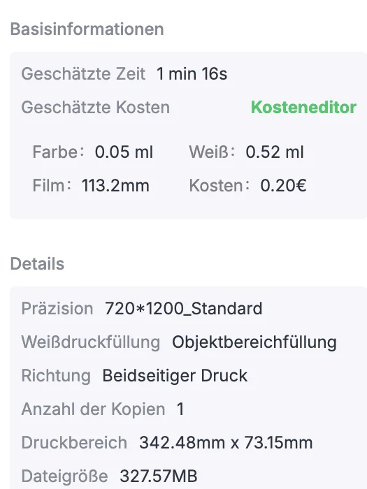 Screenshot des xTool Kosteneditors für sechs identische Katzen-Motive auf einer Folienbahn: geschätzte Zeit 1 Minute 16 Sekunden, Farbe 0,05 ml, Weiß 0,52 ml, Film 113,2 mm, Kosten 0,20 Euro