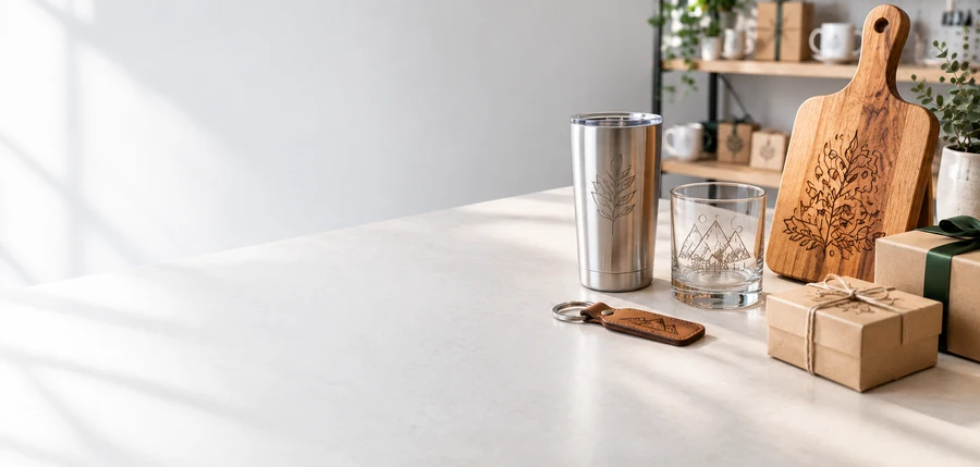 Gravierte Geschenkartikel auf einer Ladentheke: Edelstahl-Thermobecher, Glas, Holzbrett mit Ornament, Leder-Schlüsselanhänger und Geschenkboxen (KI-generiertes Symbolbild)