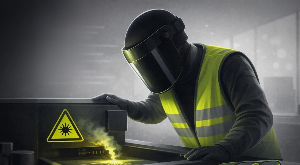 Person mit Schutzausrüstung an einem Laser mit Laserwarnschild