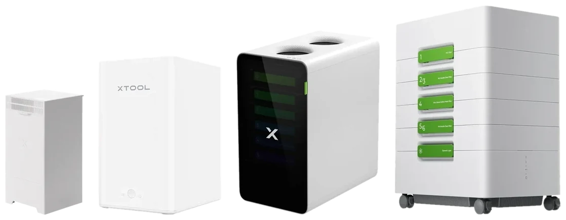xTool Luftreiniger im Größenvergleich: tragbarer Luftreiniger für den F2, Smoke Purifier, AP2 und AP2 Max