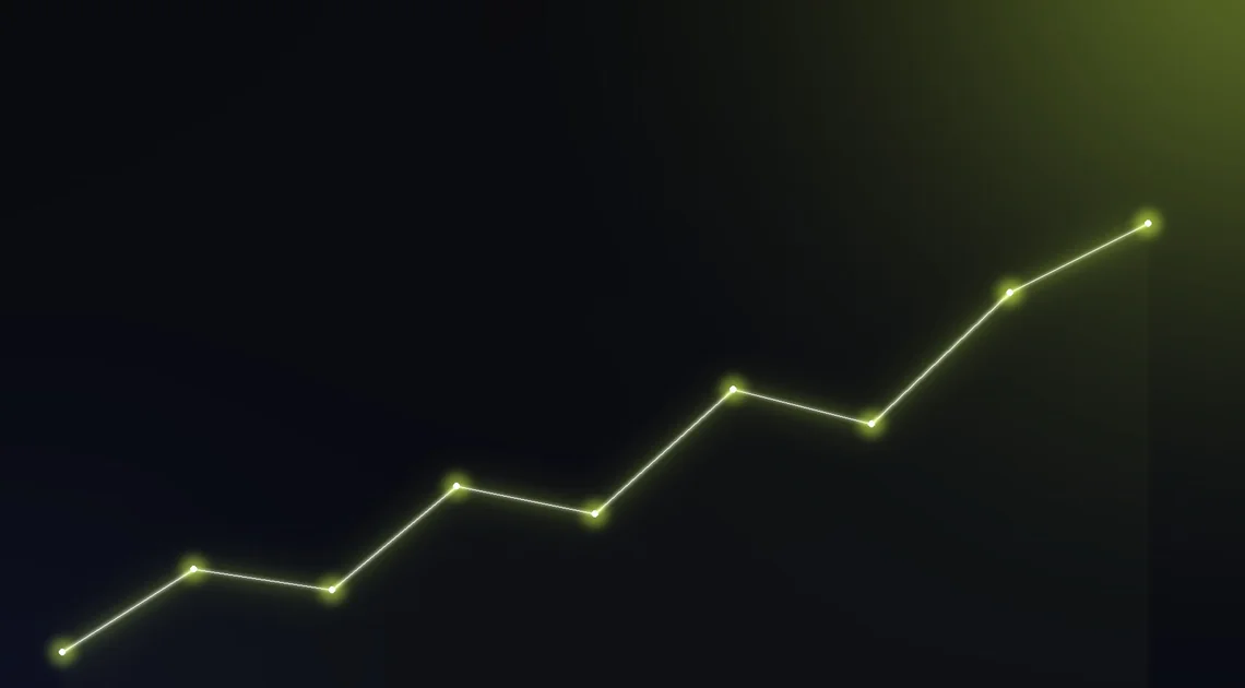 Abstrakte Darstellung eines wachsenden Umsatzcharts in Lime auf dunklem Grund
