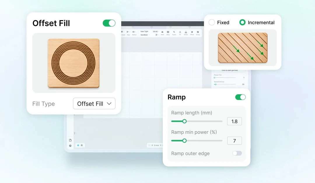 xTool Studio Bearbeitungssteuerungen: Offset-Füllung eines Untersetzers, Kreuzschraffurwinkel und Rampengravur-Einstellungen