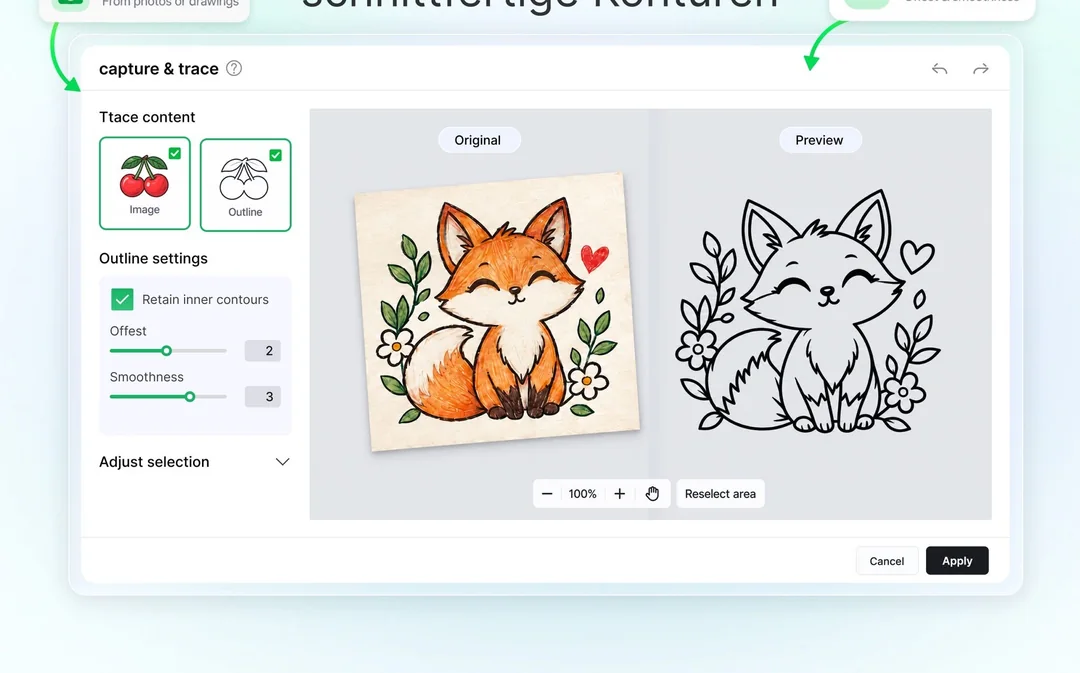 xTool Studio Capture and Trace: eine handgezeichnete Illustration wird über die M2-Kamera automatisch in eine schnittfertige Kontur umgewandelt