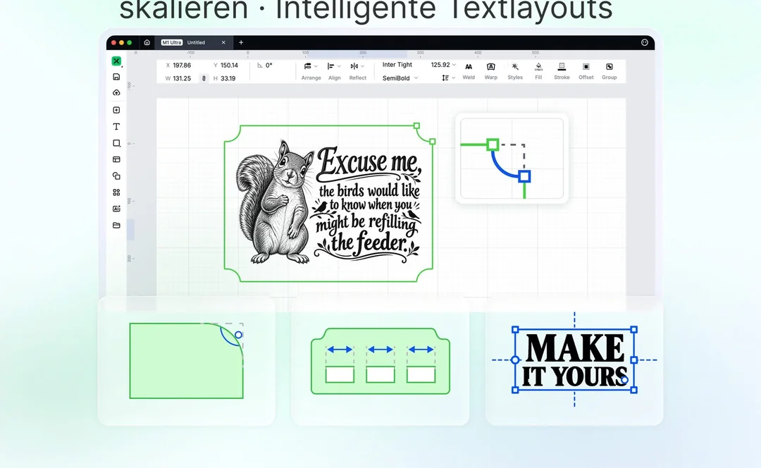 xTool Studio Design-Tools: Eckenradius, gleichzeitige Skalierung mehrerer Schlitze und intelligentes Textlayout