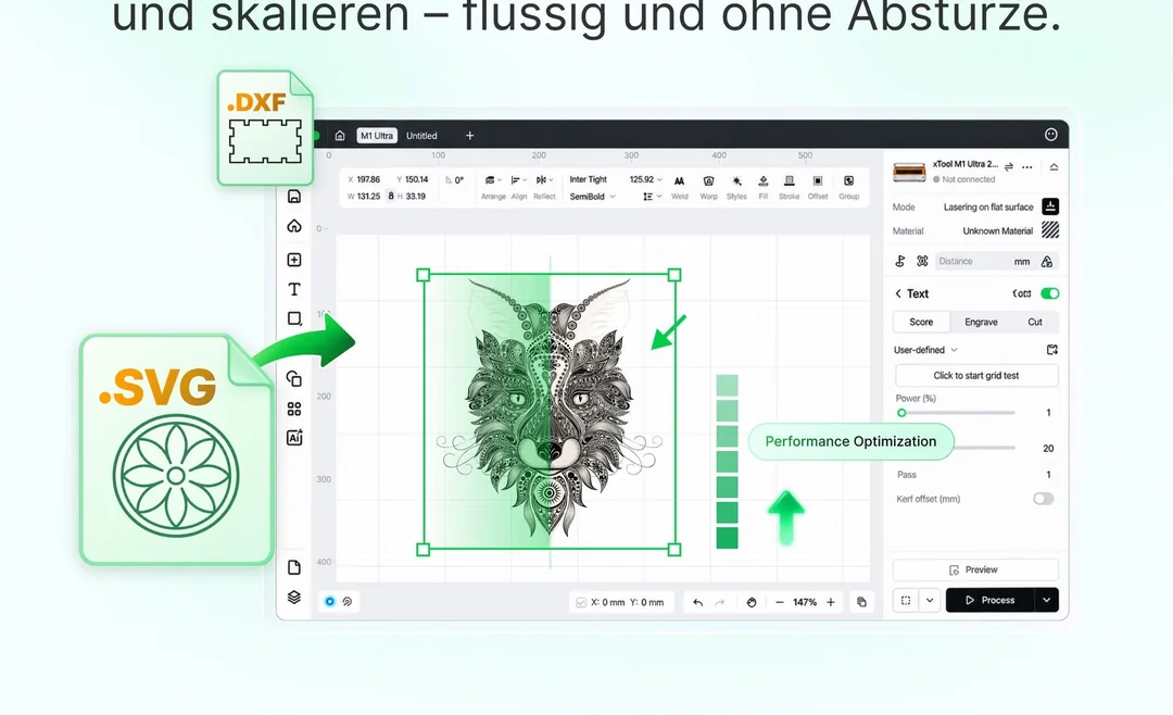 xTool Studio Performance-Upgrade: große DXF- und SVG-Dateien werden importiert und lassen sich flüssig verschieben und skalieren