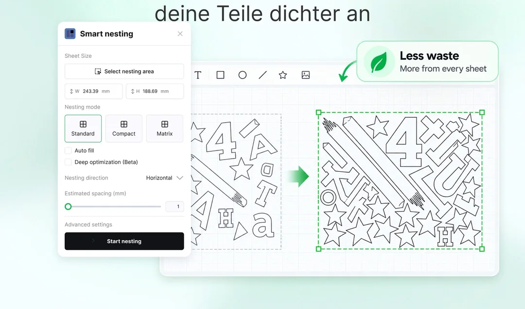 xTool Studio Smart Nesting: automatische, platzsparende Anordnung mehrerer Zuschnittteile auf der Werkfläche
