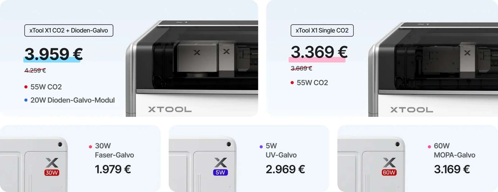 xTool X1 Einführungspreise: X1 CO2 + Dioden-Galvo 3.959 €, X1 Single CO2 3.369 €, 30 W Faser-Galvo 1.979 €, 5 W UV-Galvo 2.969 €, 60 W MOPA-Galvo 3.169 €