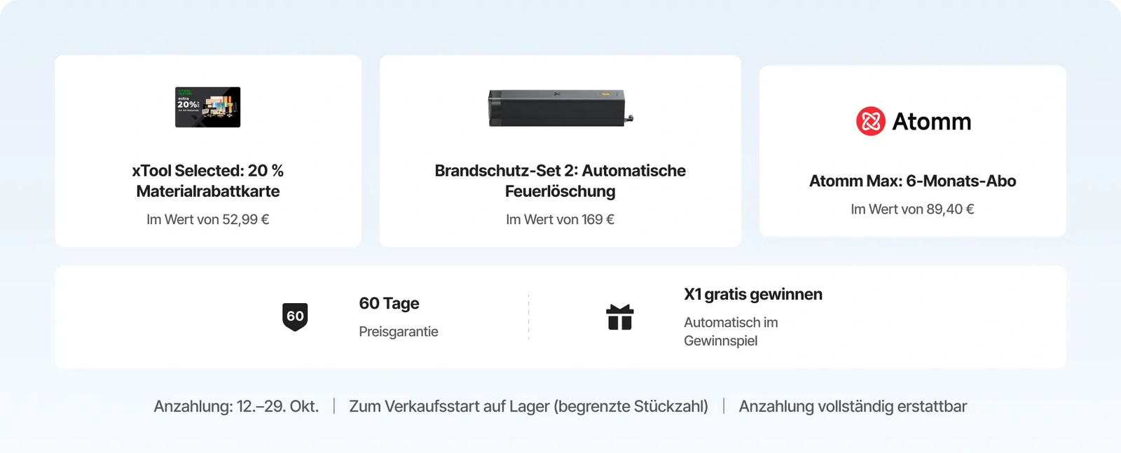 xTool X1 Anzahlungsvorteile: Materialrabattkarte xTool Selected (Wert 52,99 €), Brandschutz-Set 2 mit automatischer Feuerlöschung (Wert 169 €), Atomm Max 6-Monats-Abo (Wert 89,40 €), 60 Tage Preisgarantie, Teilnahme am X1-Gewinnspiel; Anzahlung 12. bis 29. Oktober, zum Verkaufsstart auf Lager (begrenzte Stückzahl), vollständig erstattbar