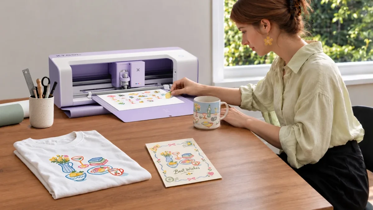 Arbeitsplatz mit xTool C1 Color Cutter, gedruckten Motiven und bedrucktem T-Shirt