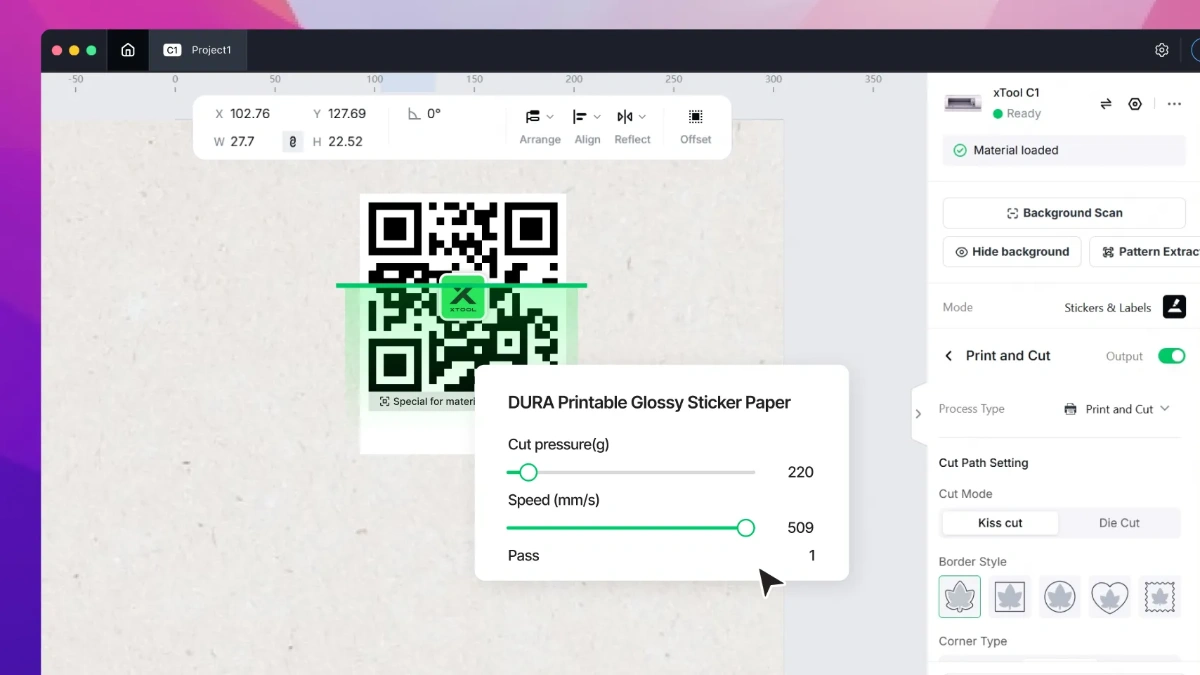 xTool Software erkennt DURA-Stickerpapier per Code und setzt Schneidedruck und Geschwindigkeit