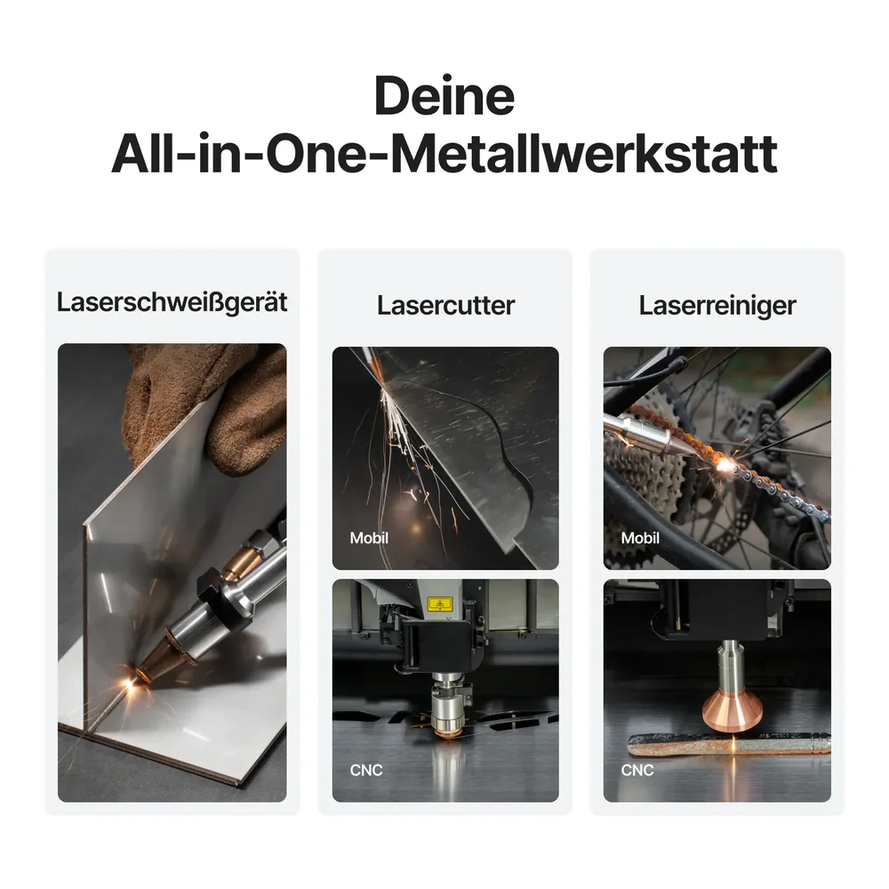 xTool MetalFab als All-in-One-Metallwerkstatt: Laserschweißgerät, Lasercutter und Laserreiniger, im mobilen Einsatz und als CNC-Anwendung