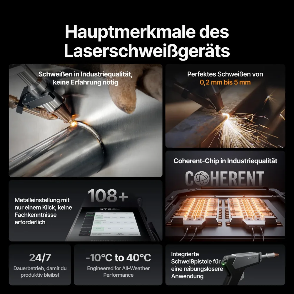 xTool MetalFab Laserschweißgerät, Hauptmerkmale: Schweißen von 0,2 bis 5 mm, 108 Metallvoreinstellungen auf dem Touchscreen, integrierte Schweißpistole