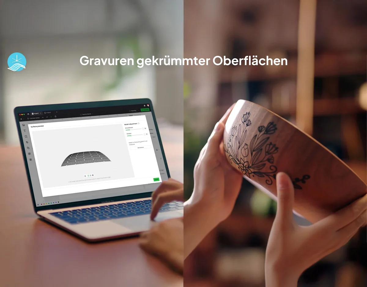 Laptop zeigt xTool Software zur Gravur gekrümmter Oberflächen, daneben Hände halten Holzgefäß mit Blumenmuster