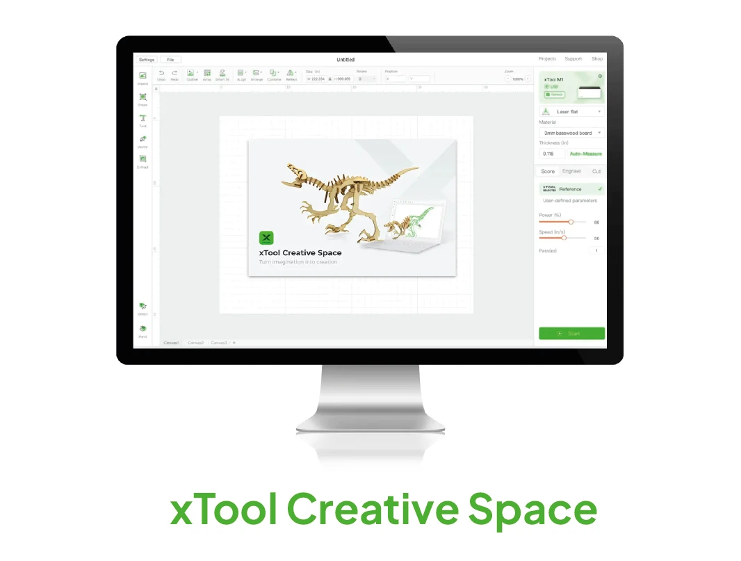 Computerbildschirm zeigt die Benutzeroberfläche der xTool Creative Space Software mit einem 3D-Modell eines Dinosaurierskeletts